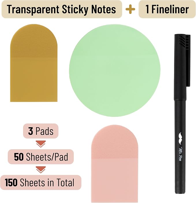 Mr. Pen- Transparent Sticky Notes Set, 150 Sheets | Transparent Sticky Notes with Black Fineliner Pen for Bible Study, Office, School, Planning, Journaling & Organization