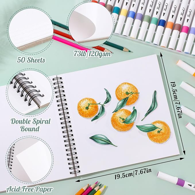 50 Sheets Marker Paper Pad, 7.6×7.6 Inch Bleedproof Art Sketch Pad, 73lb/120gsm Drawing Paper Spiral Sketch Book, Alcohol Marker Paper Painting Coloring Paper for Beginners, Artists, Ideal Gift