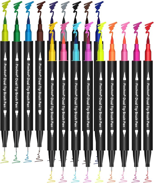 Piochoo 18 Colors Dual Tip Markers, Fine Point & Brush Tip for Adult Coloring Books, No Bleeding, Art Supplies