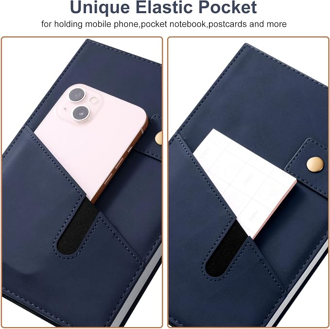 A5 Leather Journal Notebook with Pen, 200 Pages Hardcover Journal with Pocket, 100gsm Thick Lined Paper Daily Diary for Men and Women, Great Gift for Business School Travel Personal - Navy Blue