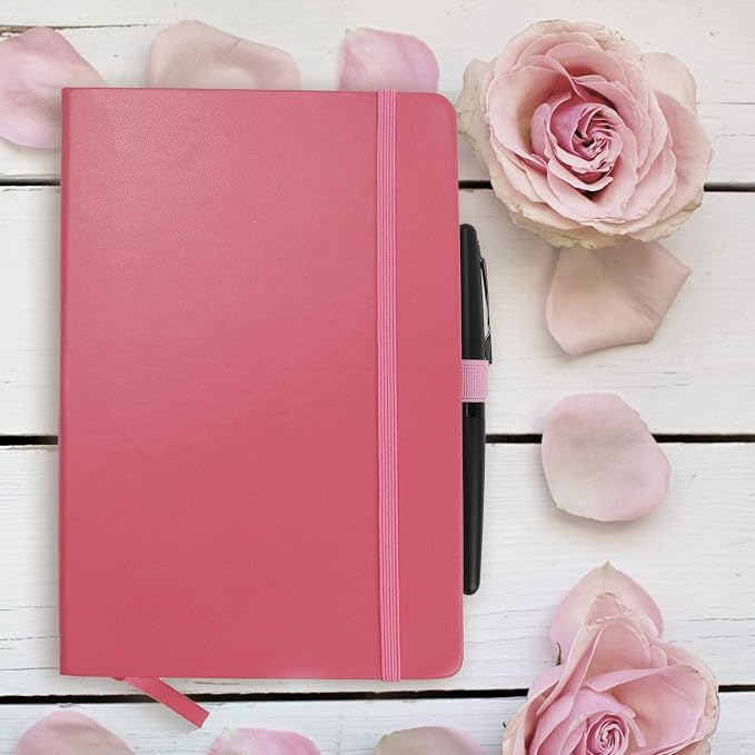 RICCO BELLO Lined Journal Notebook, Pink, 5.7 x 8.4-Inches | Faux Leather Hardcover, Pen Holder, College Ruled, 96 Sheets / 192 Pages, For Work & Notes