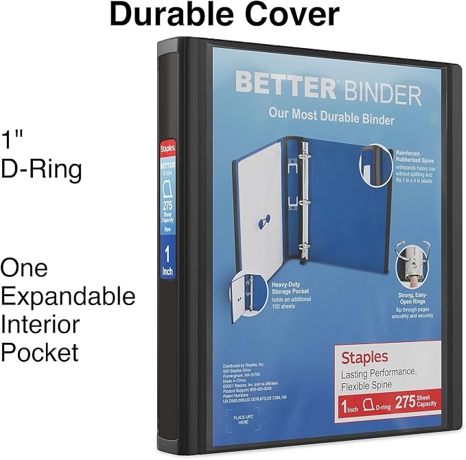 Staples Better Binder, 1" Heavy‑Duty D‑Ring Binder, Black, Reinforced Spine, Holds 275 Sheets, Reliable 3‑Ring Binder for School, Office, Projects, 3‑Pack