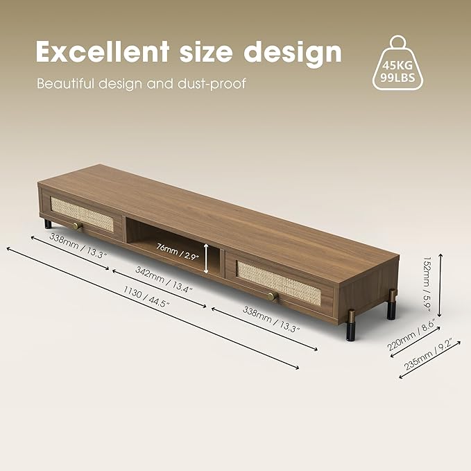Fenge Dual Monitor Stand, Wooden Riser With Rattan Woven Flip Drawers | 2-Tier Monitor Riser, 42.5in Long Desk Shelf for 2 Monitors, Vintage Computer Stand for Laptop, Printer, TV, Brown