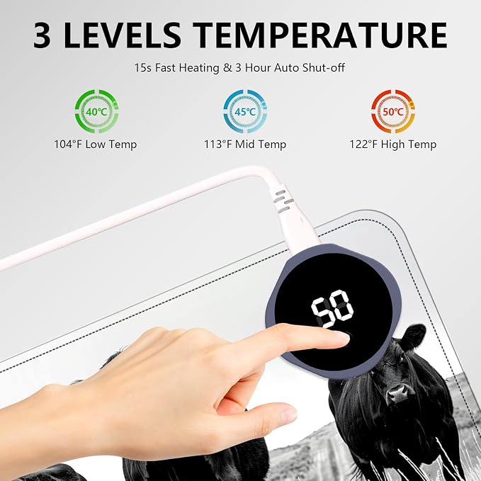 Heated Mouse Pad with 3 Levels Heated & 3 Hours Auto Shut-Off Mouse Pad for Warming Hands in Office Home, 23.6" x 14.2"Large Safe Desk Mat Hand Warmer，Black Cow