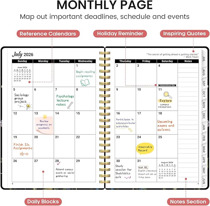 Planner 2026-2027, Academic Monthly and Weekly Calendar Planner for Women, July 2026 - June 2027, Hardcover Pretty Agenda Planner Book with Tabs, Spiral Daily Organizer for School Office Home Supplies, 6.3" x 8.5" - Peony Bloom