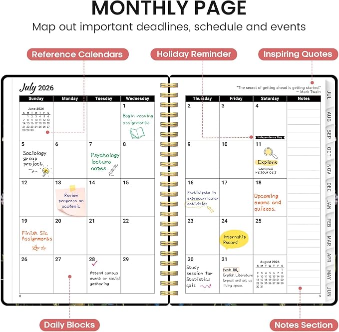 Planner 2026-2027, Academic Monthly and Weekly Calendar Planner for Women, July 2026 - June 2027, Hardcover Pretty Agenda Planner Book with Tabs, Spiral Daily Organizer for School Office Home Supplies, 8.5" x 11" - Peony Bloom