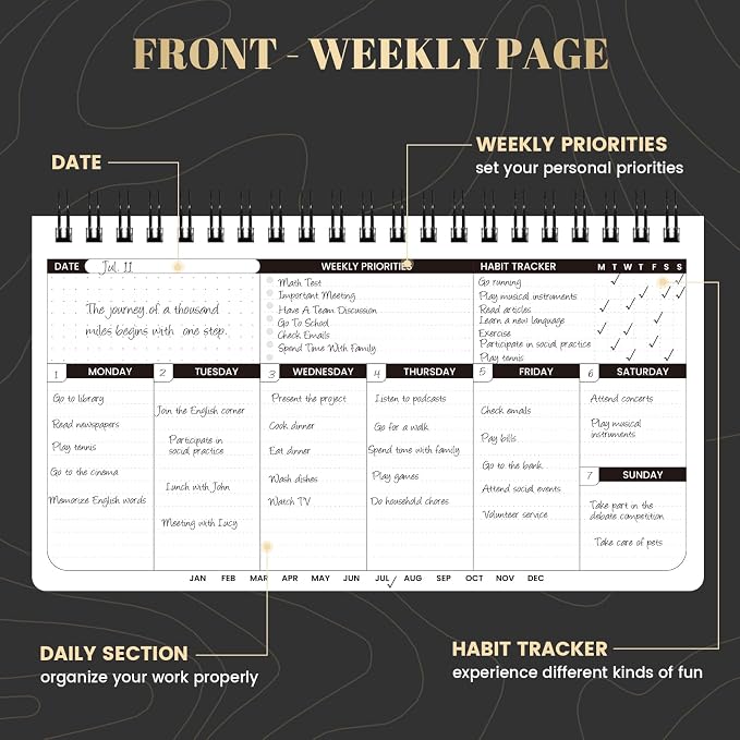 Weekly Planner 2026-2027 - Spiral Bound, 11.2'' x 6.3'', 55 Weeks | Undated Daily Productivity Organizer Notebook with Habit Trackers & Weekly Priority Sections for Office, School and Home