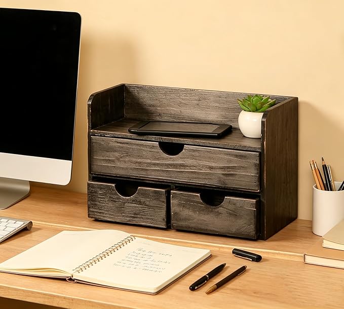 Vintage Rustic Wooden 3 Drawer with Shelf Office Desk Organizer & Mail Rack For Desktop,makeup holder Box for Office Home Toiletries Supplies Vanity, No Assembly Required (Rustic Black)