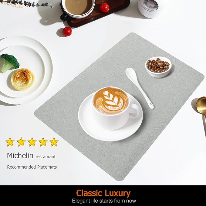 Gray Plastic Placemats Set of 12, Faux Leather Waterproof Table Mats | Light Gray Vinyl placemats,Wipeable and heat resistant table mats.Easy to clean,great for indoor and outdoor