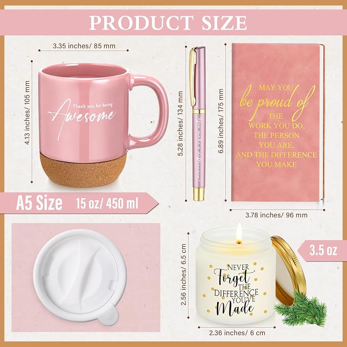 Sayglossy 4 Pcs Thank You Gift Set for Women Men Back to School Teacher Appreciation Gift Leather Notebook Inspirational Coffee Mug Scented Candle Ballpoint Pen for Employee Coworker Nurse Boss, Pink