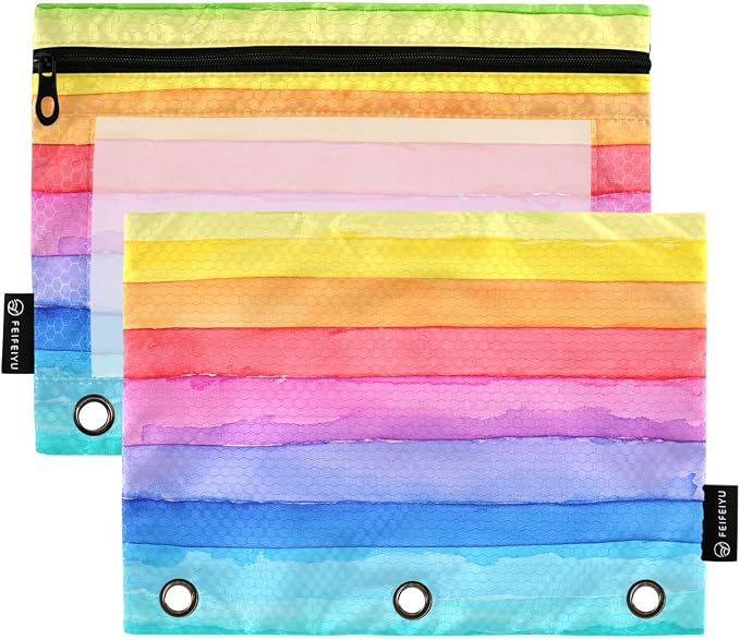Gredecor 3 Ring Binder Pencil Pouch, Bright Striped Watercolor Zippered Pen Case Pouches with Clear Window, 2 Pack Stylish Office & School Supplie