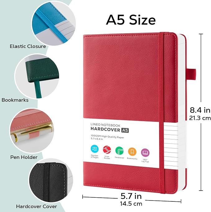 FOCUS DAY 2 Pack Notebooks Journals for Women/Men Work Writing, A5 Leather Diary Notebook with Pen Loop, 100GSM Lined Paper, Inner Pocket, for Gift, Office, School Supplies