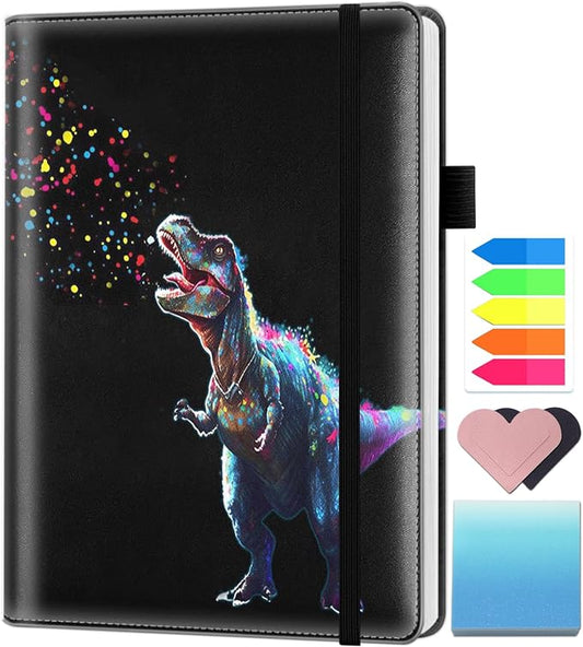 A5 Leather Lined Journal Notebook, 200 Pages Hardcover Executive Notebook for Men Women Office School Note Taking, Thick Writing Paper Daily Journal with Bookmarks/Indexes, Dinosaure Black