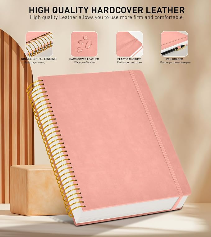 B5 Spiral Notebook Journal 7.6” x 10”, 300 Numbered Pages Hardcover Leather Journals for Women Men, Large Lined College Ruled Notebooks, 100GSM Thick Paper, Spiral Bound Journal for Work School, Pink