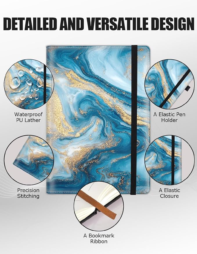 Hardcover Executive Notebooks, A5 PU Leather Lined Journal Notebook, 200 Pages Thick Paper Subject Notebooks for School,Work,Home Writing Business Notebook, Diary Book ，Blue Gilded Marble