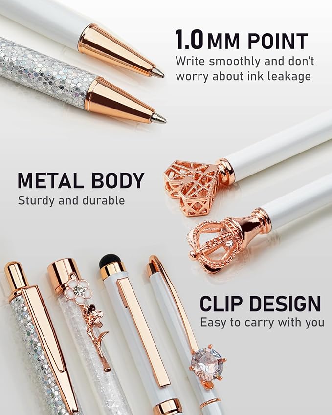 WEMATE 8Pcs Fancy Pens Set, Metal Crystal Diamond Pens White | With Black & Blue Ink, Glitter Design for Journaling, Office Supplies, School Use & Gifts for Women