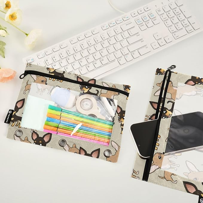 Chihuahua Puppy Pencil Pouches for 3 Ring Binder 2 Pack | Binder Pencil Case With Zipper Reinforced GrommetsPencil Bags for Office Organizers