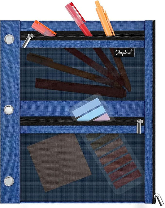 SKYDUE 3 Ring Pencil Pouch for Binder, Zipper Binder Pencil Pouch with 3 Pockets and Mesh Window, Durable Organizer for School Supplies, Cables, Earbuds, Makeup