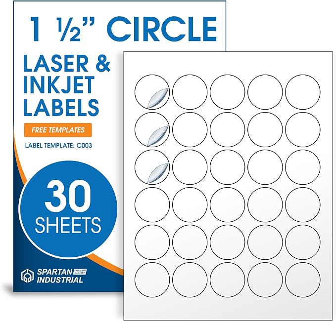 1.5" Printable Round Labels for Laser and Inkjet Printers - 900 Blank Labels, 30 Sheets for Thank You Stickers, Price Tags, QR Codes, Business Logos - Spartan Industrial Template C003