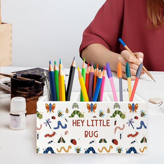 Bug Insect Kids Classroom Pen Pencil Holder Organizer for Desk, Hey Little Bug Wooden Box Signs Decorations for Kids Boys Girls Room Bedroom Playroom Desk Tabletop, Insect Gifts