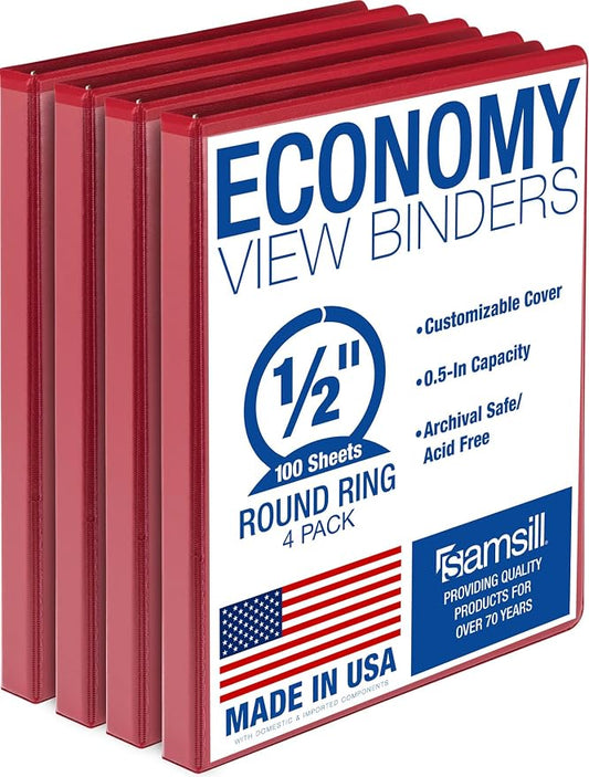 Samsill 0.5 Inch 3 Ring Binder, Economy Round Ring, Clear View Cover, 100 Sheet Capacity - for School, Home, Office - Red, 4 Pack