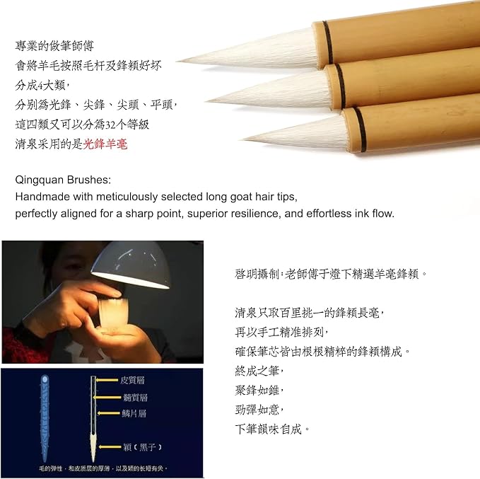 Chinese Calligraphy brush, QingQuan Zhongkai Chinese Brush, Calligraphy Brush set for Seal Script, Official, Regular Script Japanese Kanji Sumi Brush (QingQuan 3pc Set S+M+L)