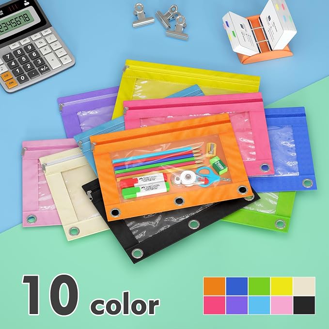 DoDoMagxanadu Binder Pencil Pouches, Pencil Pouch for 3 Ring Binder with Zipper Pulls, Clear Window Pencil Case for Binder, Zipper Pencil Pouches with Rivet Enforced 3 Ring, 20 Pack, 10 Color
