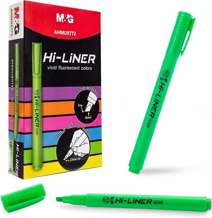 M&G Liner Highlighters, 12-Count Pack Green Highlighters, Chisel Tip No Bleed Highlighter Pens for Office Documents, Planning, and Everyday Organization