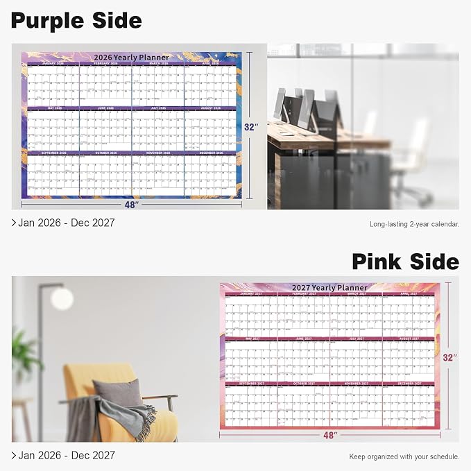 Ospelelf Large Dry Erase Wall Calendar 2026-2027 - 32'' x 48'' Yearly Laminated 2 Year Family Calendar for Office, Use Jan 2026 - Dec 2027 ((Marble)
