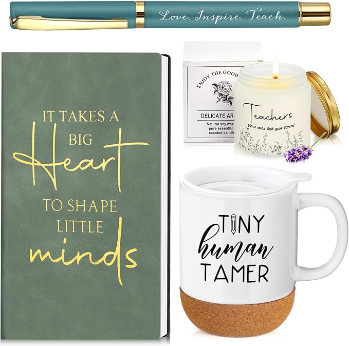 Sayglossy 4 Pcs Tiny Humans Tamer Gift Set Back to School Teacher Appreciation Gift for Preschool Kindergarten Daycare Teacher Thank You Notebook Coffee Mug Cup with Lid Scented Candle Pen