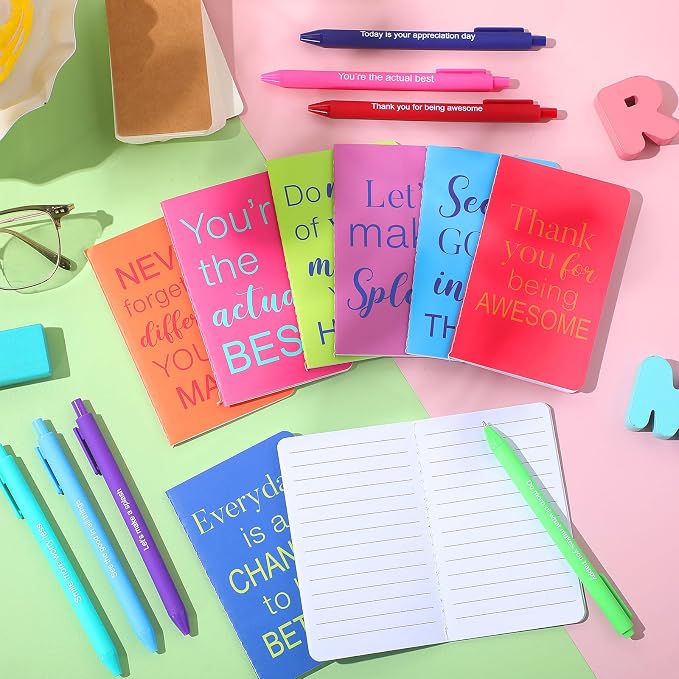 Funrous 32 Pcs Motivational Quote Pens Inspirational Notepads Mini Journal with Ballpoint Pen Small Notebooks Gift for Men Women Coworker Adult Party Favors Prize Teacher Student Office(Stylish)