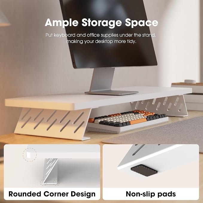 Fenge Monitor Stand Riser, Wooden & Metal Desk Shelf Organizer, White | 31.5 Inch Computer Stand for Compact Work Station, Multifunctional Monitor Shelf for Laptop, PC, Printer