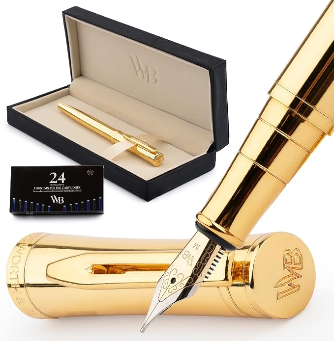 Wordsworth & Black Luxury Fountain Pen Set for Writing, Medium Nib, Gold | Gift for Men & Women, Brass Body, 18K German Iridium, Calligraphy, Converter + 24 Ink Cartridges, Refillable, Leak-Free