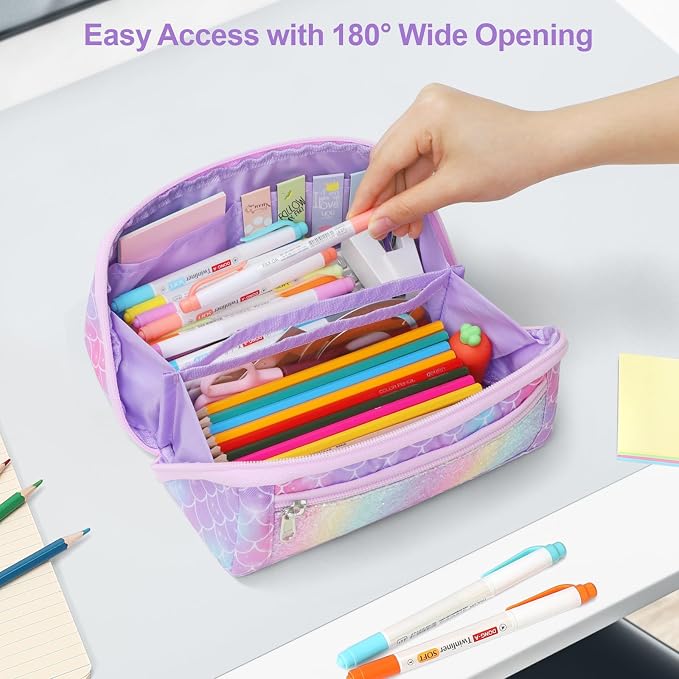 Large Pencil Case for Girls, Aesthetic Pencil Pouch for School, Wide Opening Organizer Box with Handle, Fits 50 Pens & Markers (Glitter Purple Mermaid) | Kids Pencil Case & Wide Handle, Water Resistent Organizer Box,Fits 50 Pens & Markers, Daily Use, G...