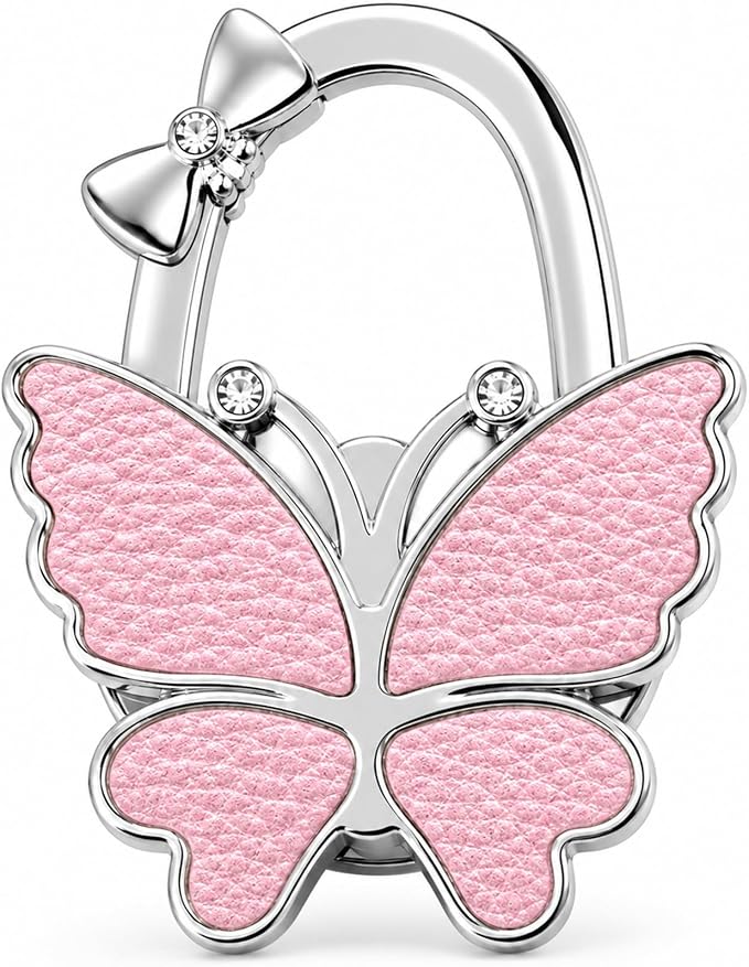 Purse Hook for Table, Foldable Handbag Hanger Holder for Women | Portable Bag Holder with Non-Slip Base, Cute Lychee Pink Butterfly Purse Table Hook for Restaurant Office Travel Gift