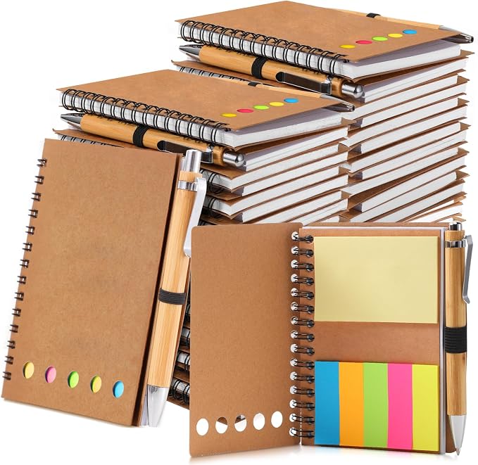 Chuangdi 100 Sets Lined Spiral Notebooks with Sticky Notes and Bamboo Pens, Back-to-school Supplies for Office Teacher Staff, Kraft Notebook with Pen Set Bulk for Employee