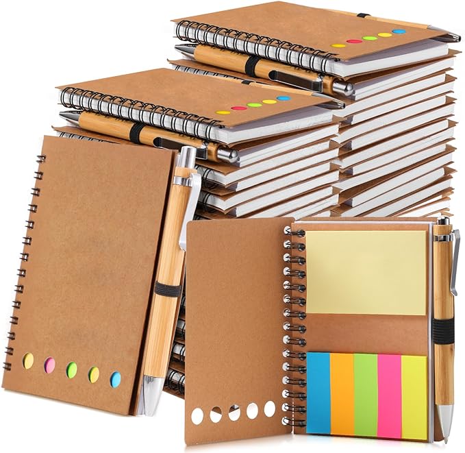 Chuangdi 30 Sets Lined Spiral Notebooks with Sticky Notes and Bamboo Pens, Back-to-school Supplies for Office Teacher Staff, Kraft Notebook with Pen Set Bulk for Employee