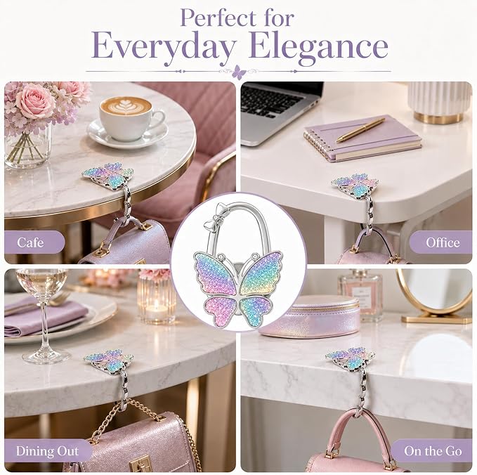 Purse Hook for Table, Foldable Handbag Hanger for Women, Portable Bag Holder with Non-Slip Base, Cute Matte Colorful Glitter Butterfly Purse Table Hook for Restaurant Office Travel Gift