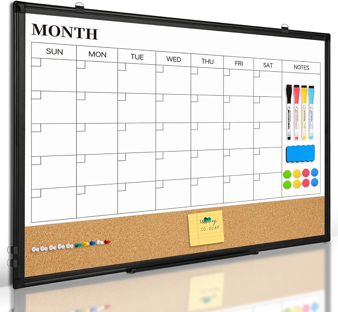 Monthly Dry Erase Calendar Whiteboard with Corkboard, 30" x 20", Black | Magnetic, White Board Cork Board Combo, Double Sided, Wall Mounted, Aluminum Frame, for Home, Office, Kitchen, Dorm