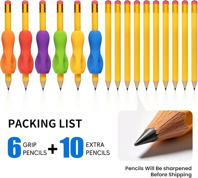 ELETIUO EASY GRIP STARTER 16-Pack Short Wooden Pencil for Kids,3.94" HB Yellow Pencils with Grips & Erasers,6 Pre-Assisted+10 Refills,Triangular Anti-Slip Corrective Training Pencils for Preschoolers