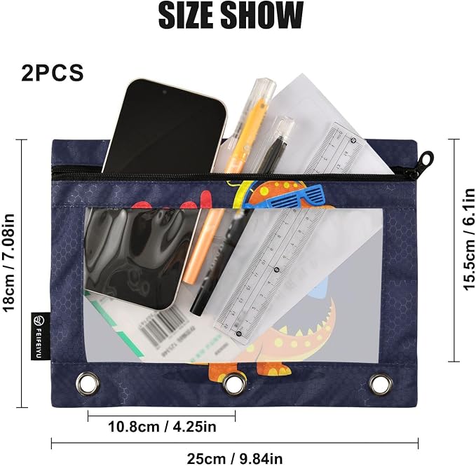 Gredecor Binder Pencil Pouch 3 Ring Cool Boy Dinosaur Zipper Pencil Pouches Case 2 Pack Clear Binder Organizer for School Office