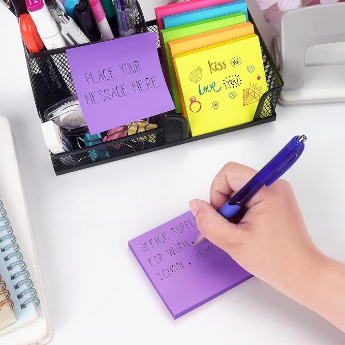 Winner Aura 3x3 Inch Bright Colors Self-Stick Sticky Notes, 6 Pack, 100 Sheets per Pad, Total 600 Sheets