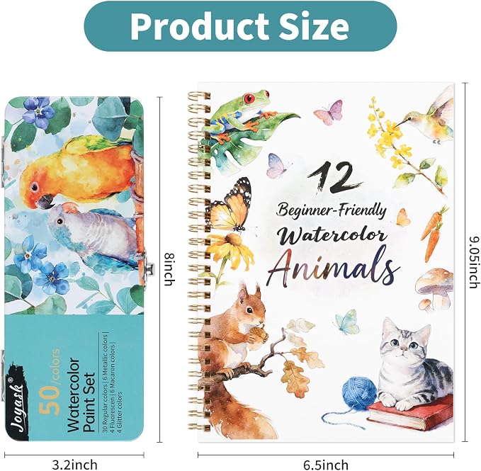 Watercolor Workbook Animals, Water Coloring Book, 12 Different Patterns of Original DIY Designs, 50 Colors Watercolor Paint Set with Palette and Brush, Beginner-Friendly Watercolor Workbooks (Animals)