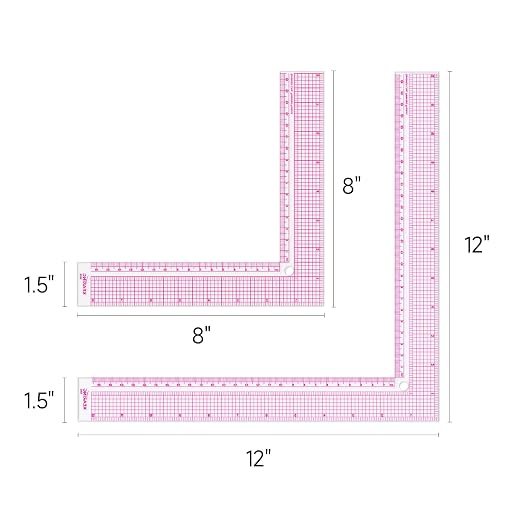 KEARING 8" & 12" Clear Plastic L-Square Ruler Set - 2PCS Sewing L-Square | Clear L-shaped right angle rulers for dressmaking. Non-rub sandwich line scale for sewing patterns & quilting. 2-piece set.
