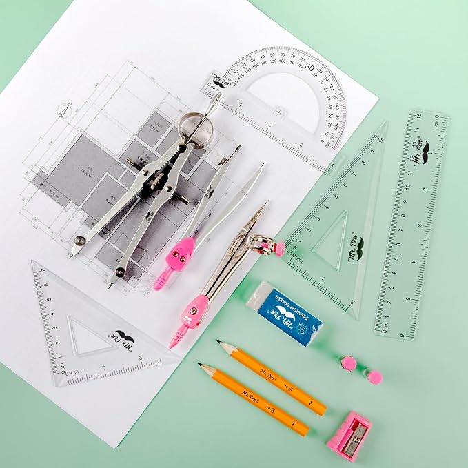 Mr. Pen- Geometry Set, 13 pcs, 3 Metal Compasses, Protractor, 6" Ruler | 45° & 30°/60° Set Squares, Pencils, Lead Refills, Sharpener & Eraser for Math, Drafting & Classroom Use