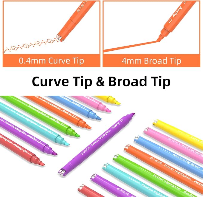AECHY Curve Highlighter Pens Set, 8PCS Dual Tip Pattern Markers, 6 Designs | Chisel Tip & Pattern Roller for Journaling, Planners, Note Taking, Drawing, Scrapbooking, Classroom Projects &School Supplies
