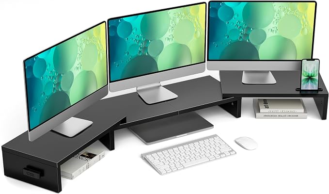 BONTEC Triple Monitor Stand Riser with Smartphone Holder, Adjustable Length & Swivel Angle, Ergonomic Wooden Desktop Organizer for PC Monitor, Laptop, Printer, Large Storage, 53.3 in, Black