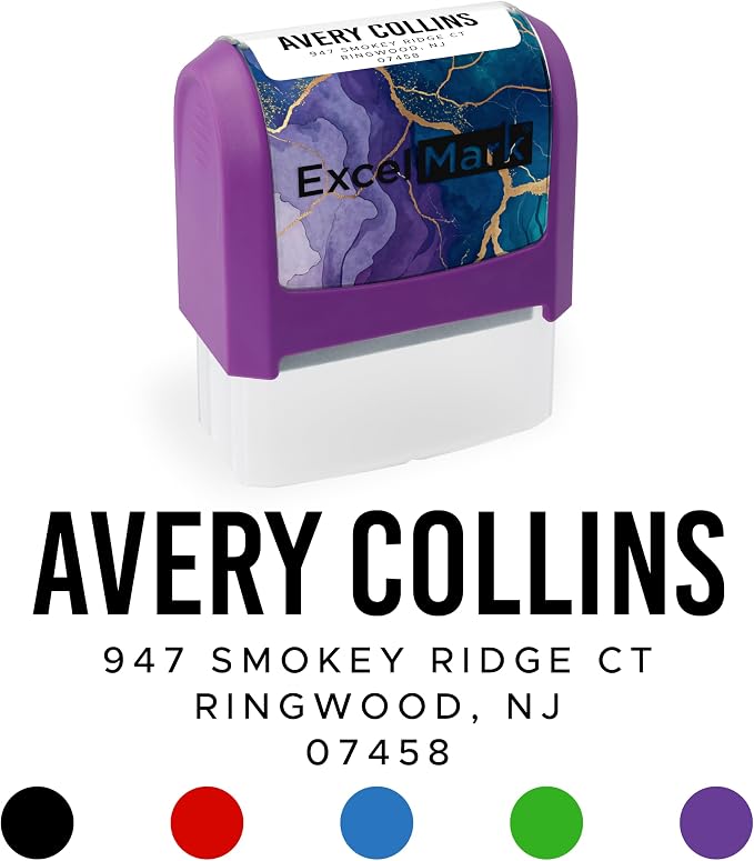 ExcelMark Custom Return Address Stamp (Purple, Urban Bold) | Custom Return Address Stamp with Elegant Designs, Vibrant Colors & Patterns – Perfect for Mail, Invitations & Gifts