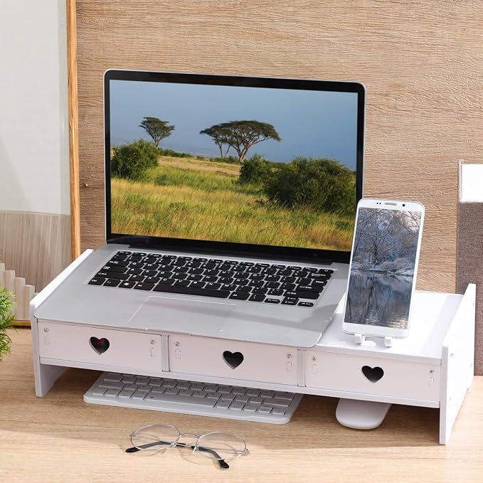 Tofficu Computer Monitor Riser with Drawer White Desk Shelf for Monitor and Keyboard Storage Rack Office Desk Organizer for Laptop Stand Riser for Home Office