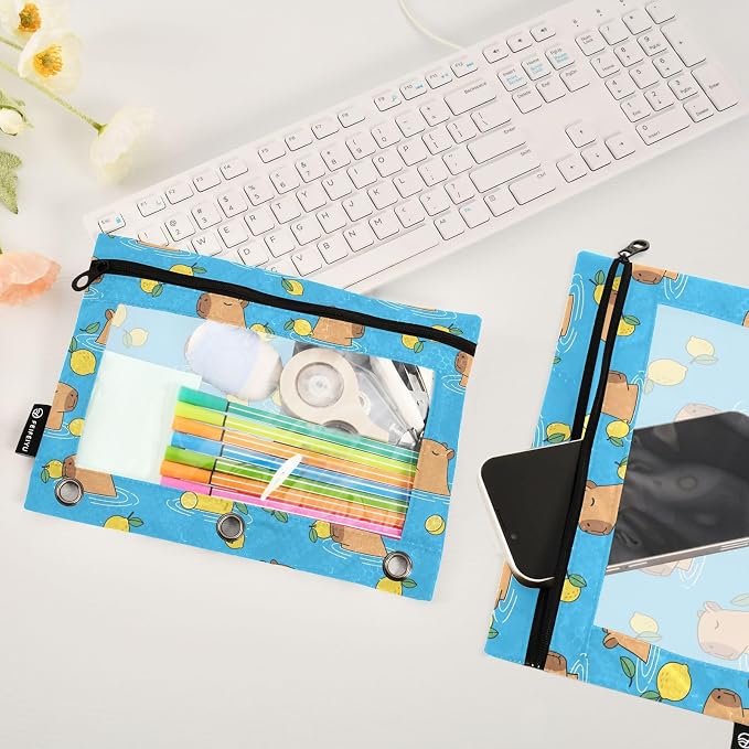 Emelivor Capybara Lemon Blue Pencil Pouch for 3 Ring Binder 2 Pack Binder Pencil Pouches Zippered Clear Pencil Case Cosmetic Bag for Office Work College Home Supplies